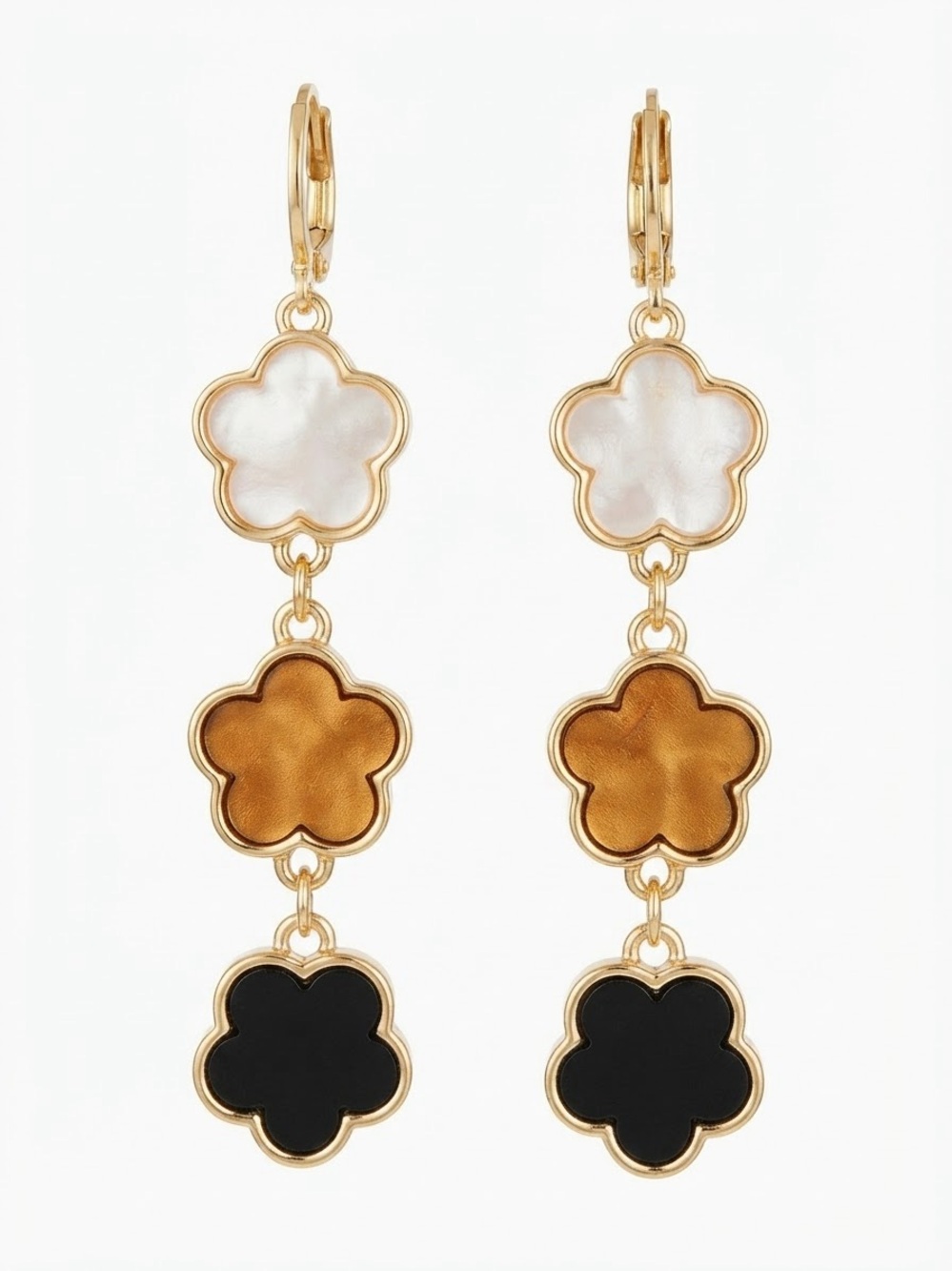 Gold Triple-Flower Drop Earrings in White, Brown and Black clover Drop